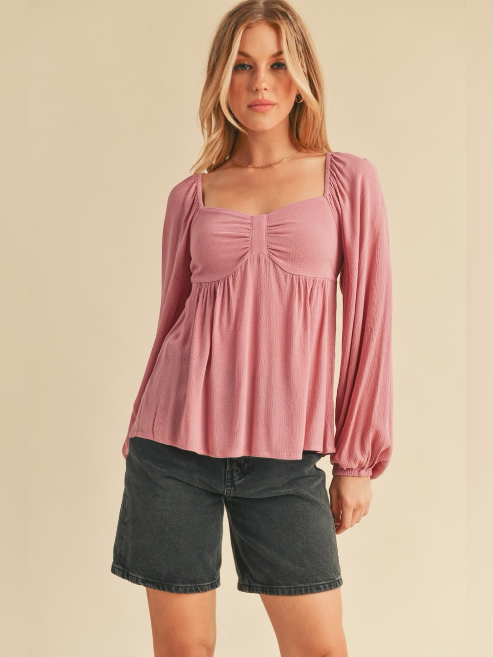 Aemi + Co Ruched Sweetheart Neck Balloon Sleeve Blouse